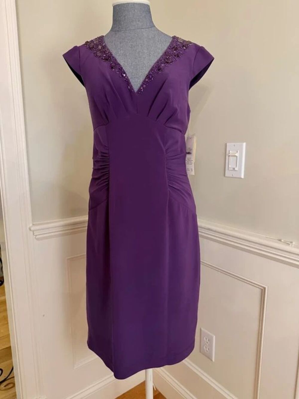Adrianna Papell Purple Beaded Ruched Cocktail Dress Size 6 NWT
